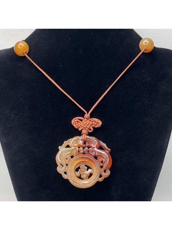Handmade Jewelry - Chinese Pixiu Beast Pendant Carved Agate Spinning "Wan" Symbol Estate 42mm 1970s